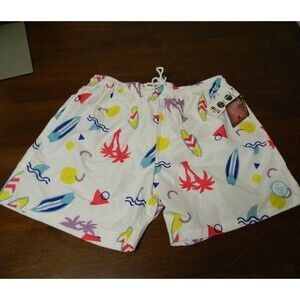 Uzzi Men's Swim Suit Trunks White Blue Neon Pink Retro Pattern Size XL NWT